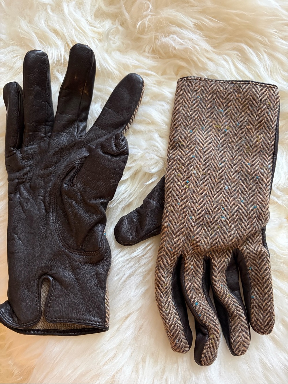 J. Crew Brown Herringbone Wool Gloves with Dark Leather Palm